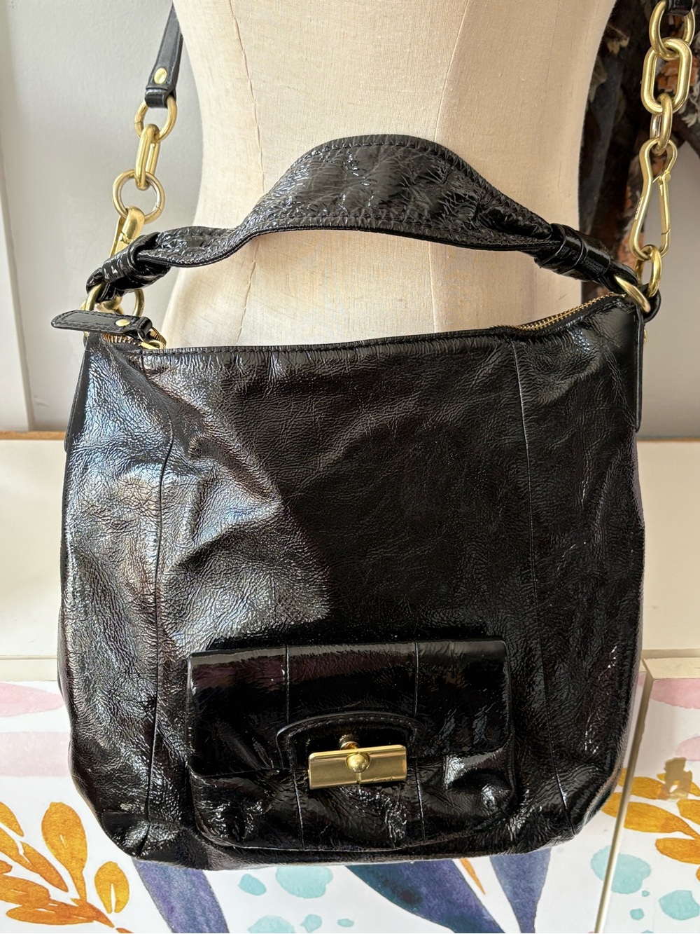 Coach Kristin Black Patent Shoulder Bag with Gold Hardware Vintage